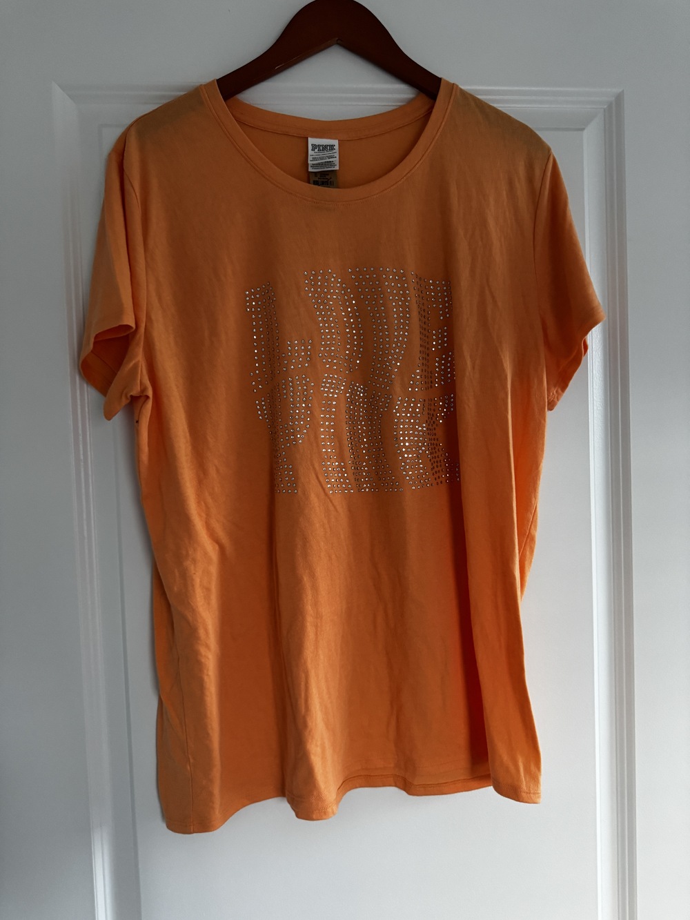 New V.S. PINK Orange Short Sleeve Sparkle Logo Shirt
